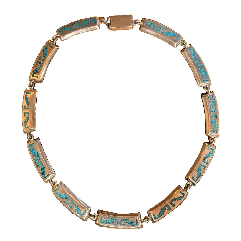 Taxco Necklace Sterling Silver w/ Turquoise Chip Inlay TS-30 Mexico Vintage
